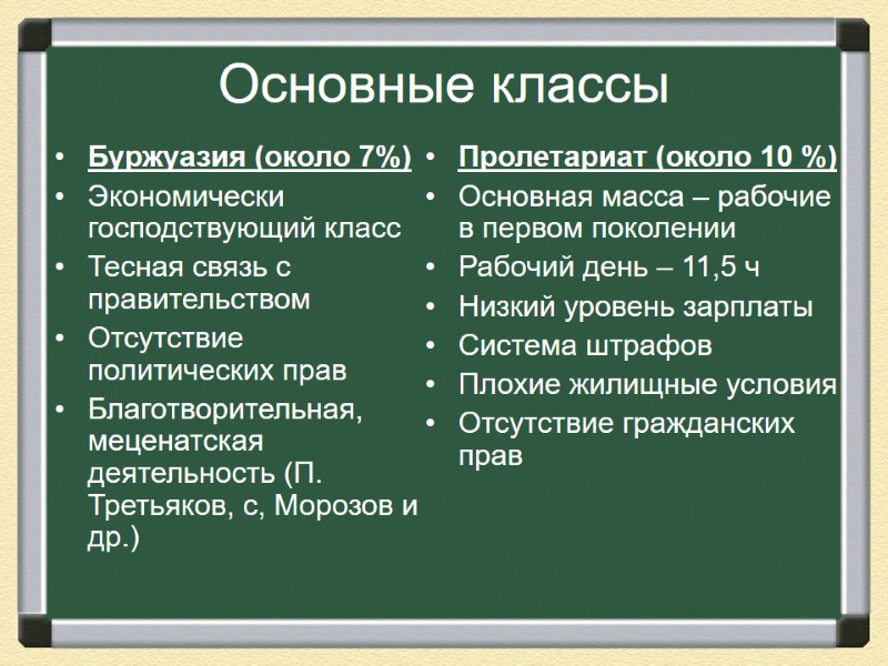 Основные классы Буржуазия (около 7%) Экономически господствующий класс Тесная связь с правительством Отсутствие политических